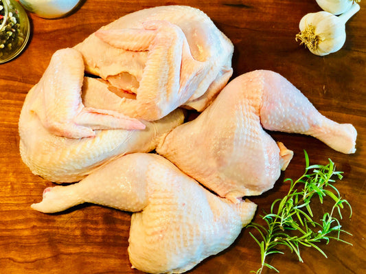 Pastured, Free Range Chicken, Quartered Whole, Priced Per Bird